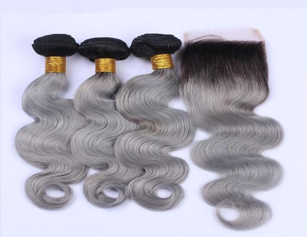 1BGrey Ombre Péruvienne Vierge Cheveux Bundle Offres 3Pcs avec Fermeture Vague de Corps Ombre Gris Argent Trames de Cheveux Humains avec 4x4 Dentelle Clos1877799