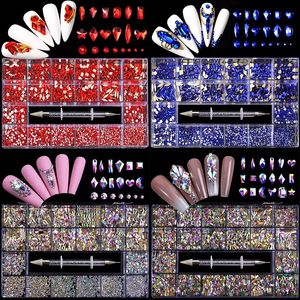 1 boîte brillante AB Diamants Nail Art Hinaistones Gems en verre cristallin Boîte 21 grilles de taille mixte Charmes DIY Décoration 240425