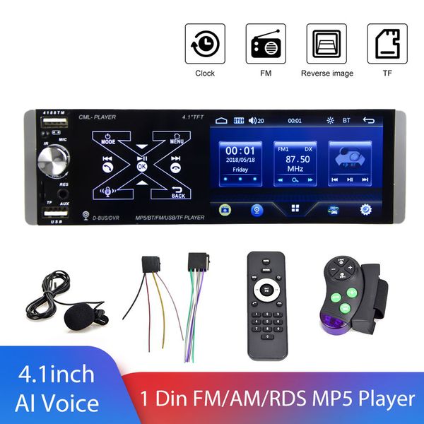 Lecteur MP5 HD intelligent pour voiture, 1din, 4.1 pouces, fonction vocale AI, prise en charge FM AM RDS, entrée arrière, sortie caisson de basses, Radio universelle