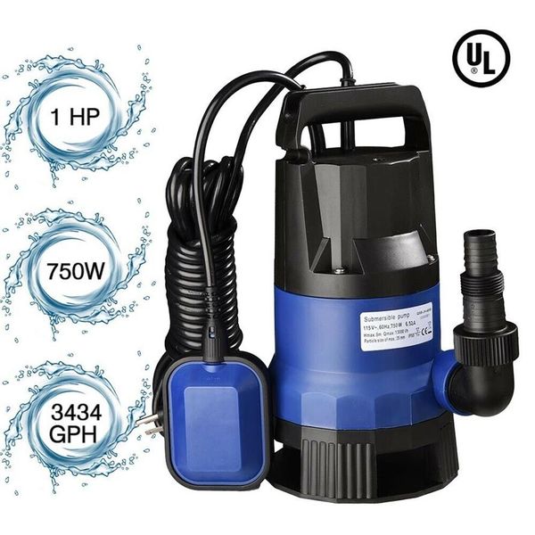 1HP 3432GPH 750W Pompe de puisard d'eau submersible Dirty Clean Swim Pool Pond Flood247Y