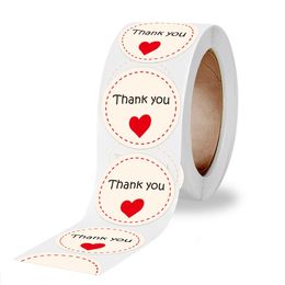 1inch 500 stks cirkel bedankstickers met rode hartvakantie Gifts Self Seal Circle Circle Coated Paper Christmas Crafts Packing Labels