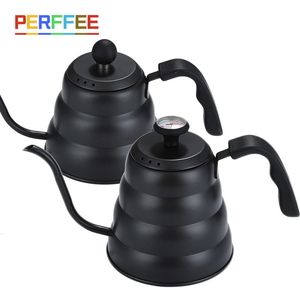 1L/1.2L noir goutte à goutte bouilloire thermomètre verser sur cafetière cygne Long cou acier inoxydable mince bouche col de cygne nuage 220509