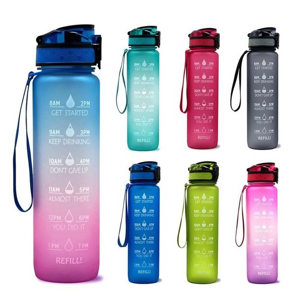 1L Plástico Deportes Botella de agua al aire libre con escala de tiempo Recordatorio Gradiente 1000ml Botella de agua GYM Jug Cup Botellas de plástico para beber Colorido F05310A17