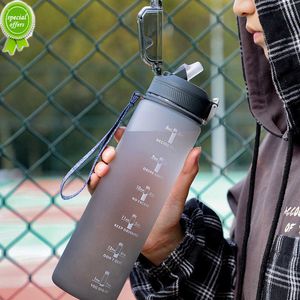 1L Sports Gradient Water Bottle Outdoor Time Marker Frosted Straw Cup Large Scale Fitness Workout Cups Gym Water Drinking Bottle