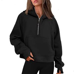 1lululemen-43 Herbst Winter Yoga Anzug Scuba Hoodie Half Zip Damen Sportpullover Lose Gym Jacke Fitness Kurzer Plüschmantel Sweatshirt 6