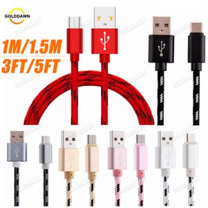 1M 3FT 1.5M 5FT Câbles de téléphone Fil de charge en nylon tressé Micro Usb Type C V8 2A Synchronisation des données pour Galaxy S22 Ultra