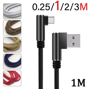 1M/3FT 2M/6FT 3M/10FT 2A câbles de charge rapide type c câble de données de téléphone portable USB micro double courbure coude à 90 degrés