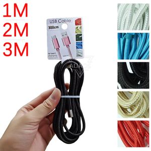 1M 3FT 2M 6FT 3M 10FT Cables de teléfono Cargador micro USB Sincronización de datos Cable trenzado tejido Tipo-C Cable de carga 1.5M 4.9FT Para Android Samsung con paquete de tarjeta colgante