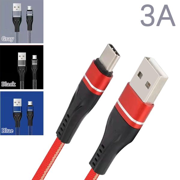 Cables de carga rápida de 1 m/3 pies 3A Cable de datos de teléfono móvil plano trenzado con carcasa metálica de anillo de estrella Micro USB tipo c