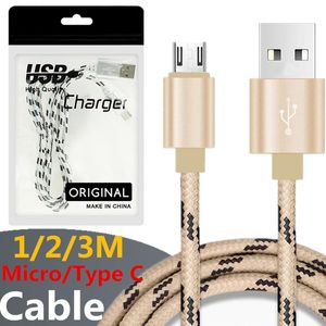 Trenza de tela de doble color Cargador Micro USB tipo C Cable de nylon Adaptador de metal fuerte Cable de 1M3ft, 2M6ft, 3M10ft Cable universal para Android