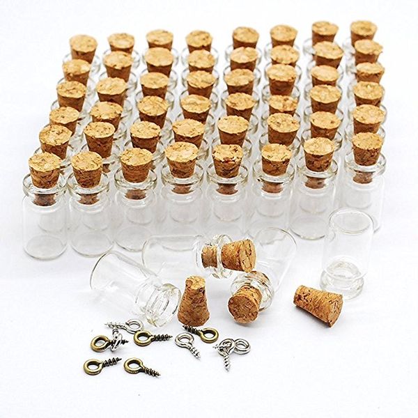 11x22x07MM 1ML Mini botellas de vidrio transparente/frascos con tapones de corcho para manualidades, proyectos, decoración, favores de fiesta gancho de ojo de Metal dorado