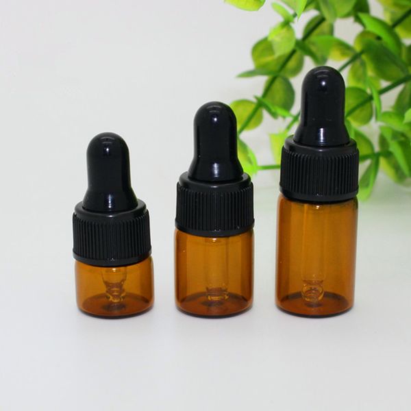 Flacons compte-gouttes en verre ambré 1ml 2ml 3ml avec bouchon noir, bouteille d'huile essentielle, petits flacons de parfum, stockage d'échantillonnage F2017346