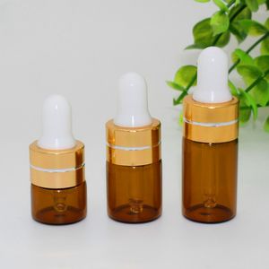 1 ml 2 ml 3 ml bruine glazen flessen met druppelaar voor essentiële olie mini -display flesjes met gouden zwarte doppen