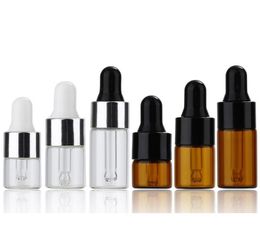 1 ml 2 ml 3 ml Mini Glass Dropper Fles Clear Amber Small Sample Flessen met zwarte zilveren dop voor parfum Cosmetische E Liquid SN2781