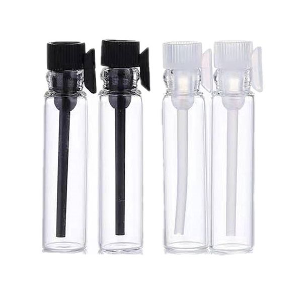 1ml 2ml 3ml Botella de perfume de vidrio transparente Tapa negra Prueba de muestra Viales pequeños Envases de envases cosméticos Tapa transparente 100 piezas