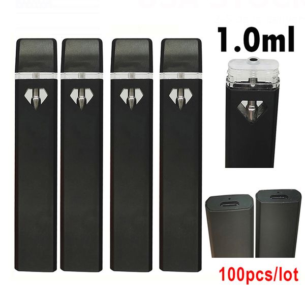 1ml jetable vape stylo e-cigarette pod chariots épais huile vide rechargeable 280mah batterie bobine en céramique vaporisateur plat diamant fenêtre stylos royaume-uni stylos noirs logo personnalisé