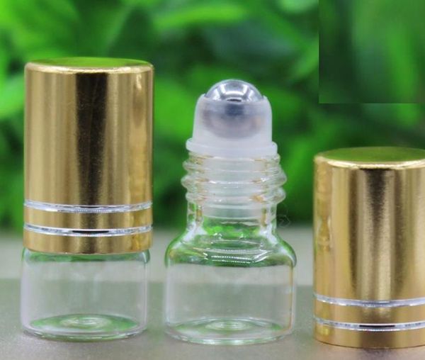 Rollo de vidrio de 1 ml en botella Rodillo transparente Mini perfume Cuenta de metal Tapa dorada Aceite esencial SN1299