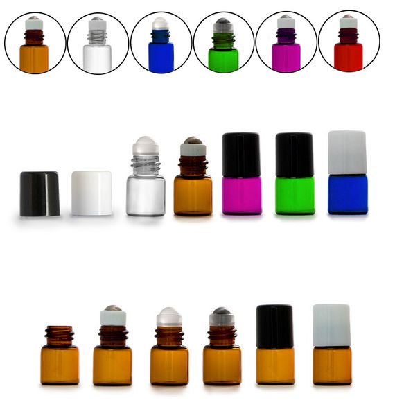 Botella de rodillo de colores de vidrio pequeño de 1 ml, botellas de Perfume de fragancia, botella de Perfume portátil recargable, 1200 unids/lote