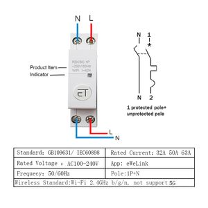 1P+N DIN RAIL WIFI -stroomonderbreker Smart Timer Switch Relay Remote Control door Ewelink Home Compatibel met Alexa Google