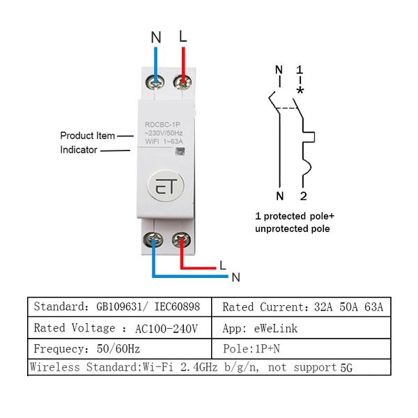 1P + N DIN WIFI DISCUTE WiFi Disjoncteur Smart Timer Commutateur Relais Télécommande par ewelink Home Compatible avec Alexa Google