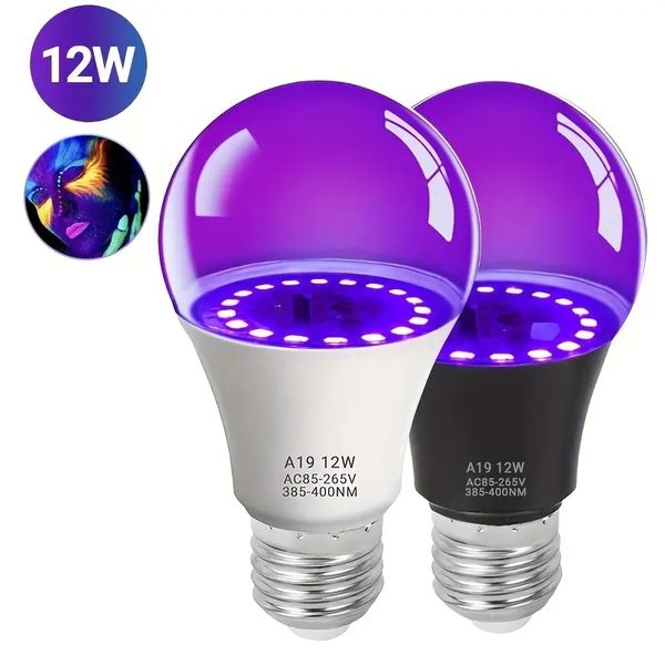 1 paquete de bombillas LED negras, luz negra de 12 W, A19 (equivalente a 75 vatios), base media E26 85-265 V, nivel UVA 385-400 nm, decoración