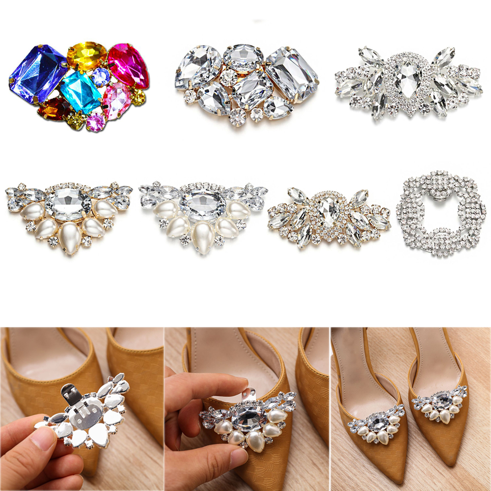 1Pair löstagbara skor dekorationer glänsande kristallskor klipp charm spänne roston brosch kvinnor väska hänge brud tillbehör