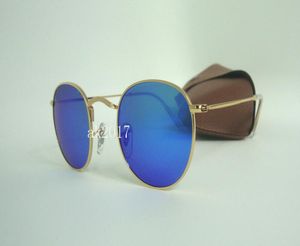 1pair High Quality Mens Womens Round Sunglasses Sunses Miroir Flash Miroir Soleil Gold Metal Bleu 50 mm Lenses en verre est livrée avec Brown8276021