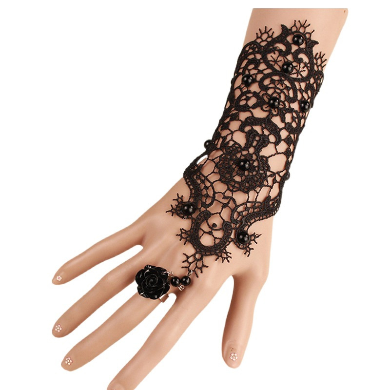 1Pair Lace Pearl Rhinestones brudhandskar armband bröllop handskar vit svart brud parti prom smycken ring armband handske