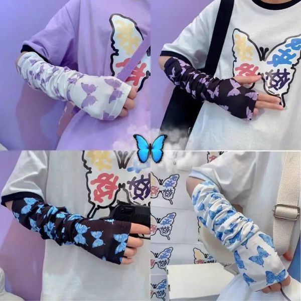 1 Pair Nuevo moderno estampado de mariposa Manga de seda de hielo Japón Estilo Lolita Kawaii Girl Anime Arm Pusfo Stylish Sunscreen Sun