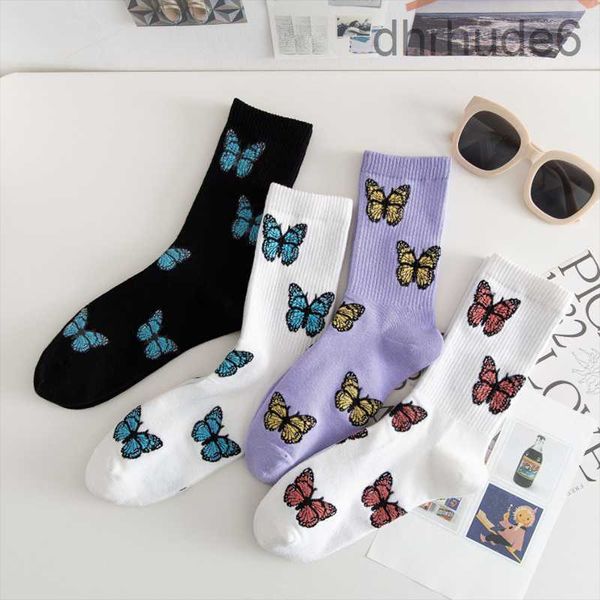 1 par de calcetines con mariposas para mujer, Kawaii Coreano Harajuku, monopatín para mujer, ropa de calle bonita de algodón para mujer EHKT
