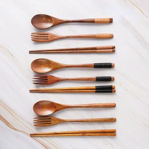 1Pairs Chopstick lepels vork handgemaakte Japanse natuurlijke houten eetstokjes lepel set met cadeauzakje bamboe chopstick dropshipping