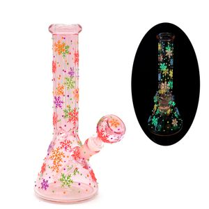 1pc, 10in, conduite d'eau en verre borosilicaté, bouteille en verre rose avec flocon de neige lumineux coloré, lueur dans l'obscurité, bangs en verre de dessin animé mignon, narguilé en verre, peint à la main