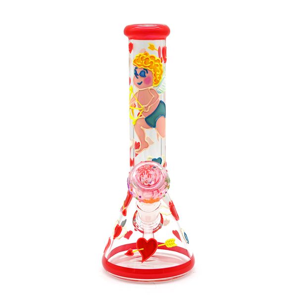 1 pieza, 10 pulgadas, juego de cigarrillos con patrón de Cupido de amor de dibujos animados dibujados a mano, pipa de agua de vidrio rosa de borosilicato, bongs de vidrio, brillan en la oscuridad, cachimba de vidrio, accesorios para fumar