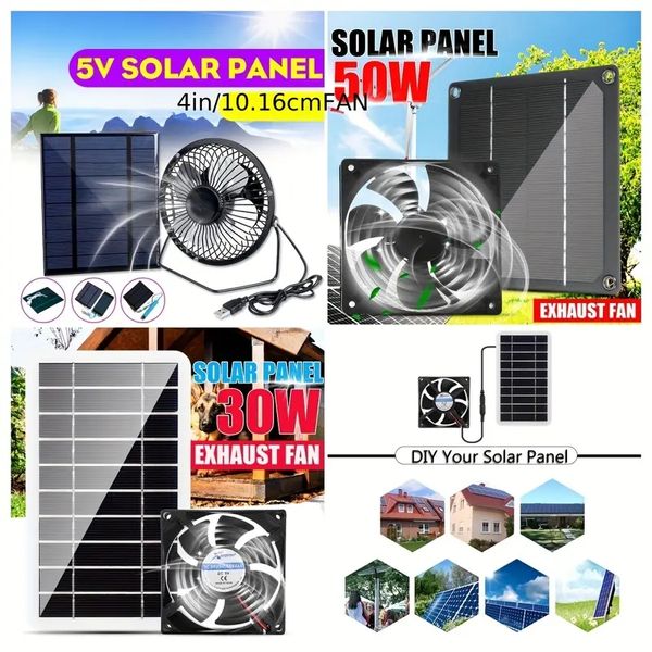 1pc 12V 50W / 5V 5W / 5V 30W Panel solar Ventilador de escape de mascotas solar para perros de pollo Ventilador de aire solar de aire Solar Ventilador