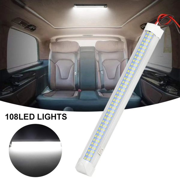 1pc 12V Tubes Intérieur de la voiture Led Light Bar White Light Tube avec interrupteur 108LED pour Van Lorry Truck RV pour Camper Boat Plafonnier