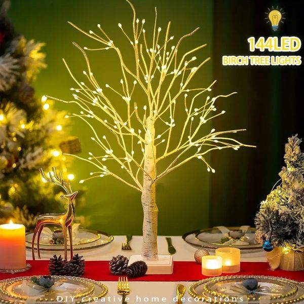 1 pièce de lumières de bouleau à 144 LED, lumière blanche chaude, alimentée par USB et piles 3AA (non incluses), arbre décoratif de vacances (Noël, Halloween, Thanksgiving)