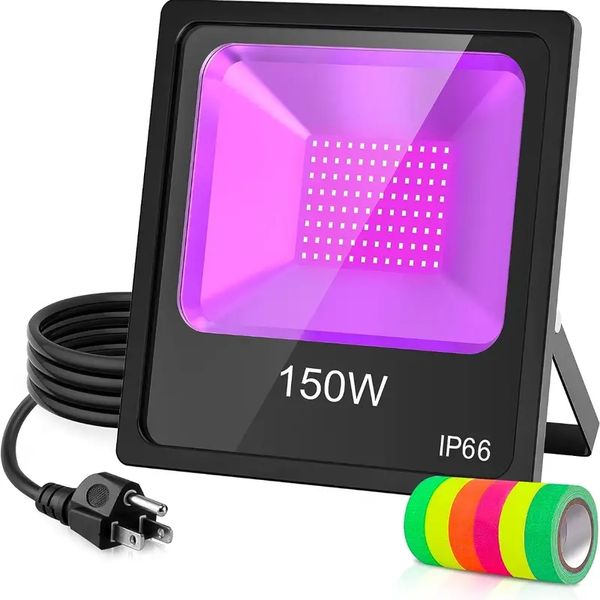 1 pièce de lumière noire UV de 150 W, projecteur UV avec prise (câble de 10 pieds), lumières noires étanches IP66 avec ruban fluorescent, pour Noël, éclairage de scène, fluorescent