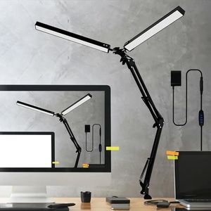 1 lampe de bureau LED à double tête de lampe 24 W, lampe de bureau à clipser pour l'apprentissage de la lecture, la protection des yeux, lampe de bureau à bras oscillant pliable à intensité variable