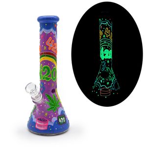 1 pc, 25,5 cm / 10 pouces, lueur dans l'obscurité, pipe d'eau en verre borosilicate, bang en verre, narguilé en verre, peint à la main, 420 motif en verre tabagique, décorations de maison, accessoires fumeurs