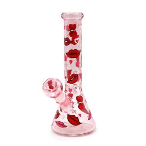 1 pièce, 25,5 cm/10 pouces, ensemble de cigarettes à motif d'amour/lèvres/baiser dessiné à la main, conduite d'eau en verre rose borosilicate, bangs en verre, narguilé en verre, artisanat fait à la main