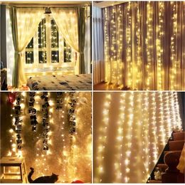 1pc 3 * 2M / 200 LED warm wit veelkleurig gordijnslingerlicht, kerstdecoratie lichtslingers, USB-afstandsbediening, bruiloftskrans raamlicht,