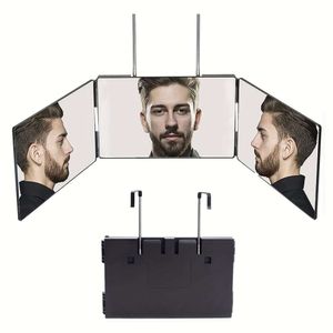 1 miroir à 3 voies pour coupe de cheveux automatique, outil de bricolage pliable à 360 degrés, avec hauteur réglable et crochet rétractable, coiffeuse de maquillage, coupe de cheveux multifonctionnelle