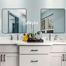 1pc 32*32inch rechthoek matte badkamer voor muur, gehard glas, ronde hoek zwart metalen ingelijste spiegel, make-upspiegel