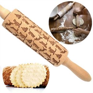 1 ST 34cm Dieren Patroon Houten Embossing Rolling Pins Gegraveerde Rolling Pin Housewarming Gift voor Kerstjaar 2111008