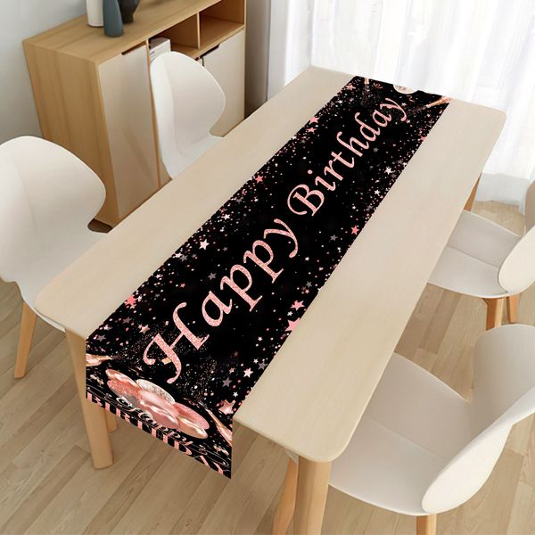 1pc 35 * 180cm Polyester Black Gold Birthday Table Runner Baby Adult Happy Birthday Party Decor For Home Boys Girls Party Supplies