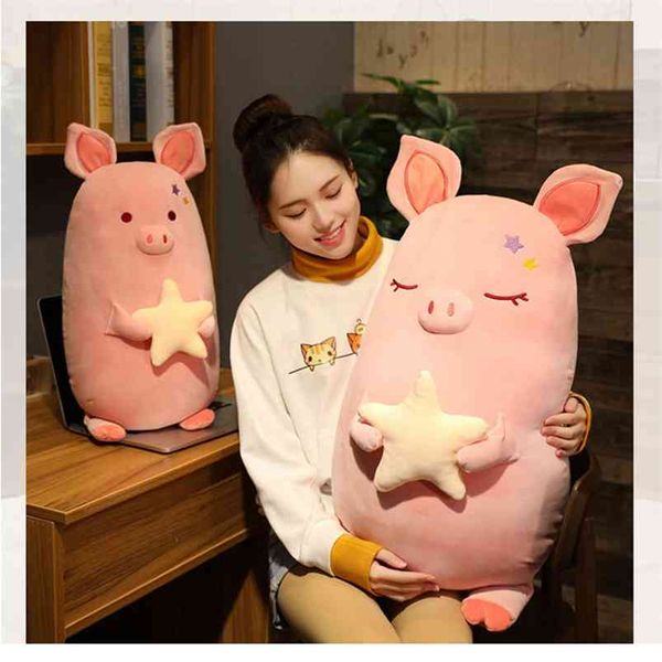 1 pc 45-80 CM kawaii cochon tenant étoile jouets en peluche belle peluche doux Animal oreiller bébé enfants dormir apaiser poupées coussin 210728