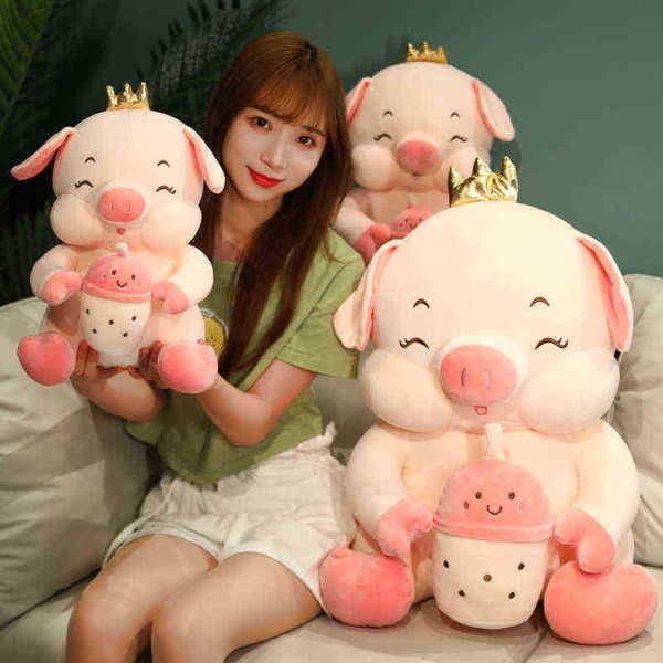 1Pc 5565Cm Grande Hermosa Piggy Holding Bubble Cup Cojín de felpa Kawaii Animal Cerdo Muñecas Cojín tierno para amantes Niñas Regalos J220729