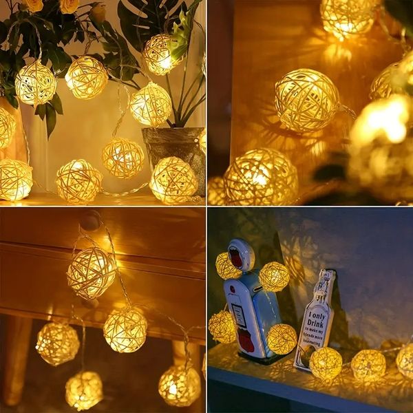 1 guirlande lumineuse LED de 150 cm en rotin, alimentée par piles, pour table pendulaire, vase, chambre à coucher, décoration de festival (blanc chaud/multicolore)