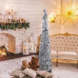 1pc, 5ft pop-up kerstklatergoudboom met standaard, zilveren klatergoud kustkerstboom, prachtige opvouwbare kunstmatige kerstboom, themafeestdecor