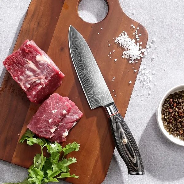 1 cuchillo de chef Damasco de 6 pulgadas, acero inoxidable de alto carbono, afilado, cuchillo de cocina, cuchillo de sushi de carne forjado a mano profesional